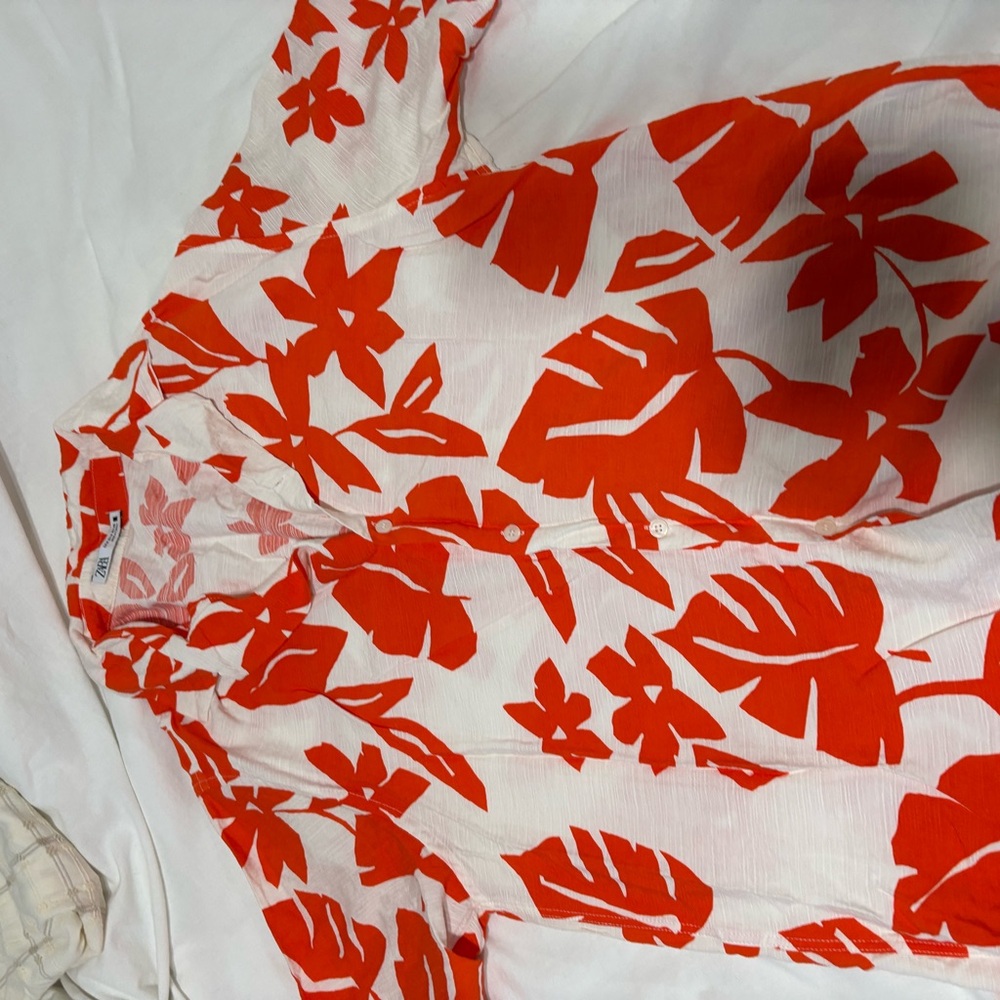 Red and White Floral Button-Up Shirt